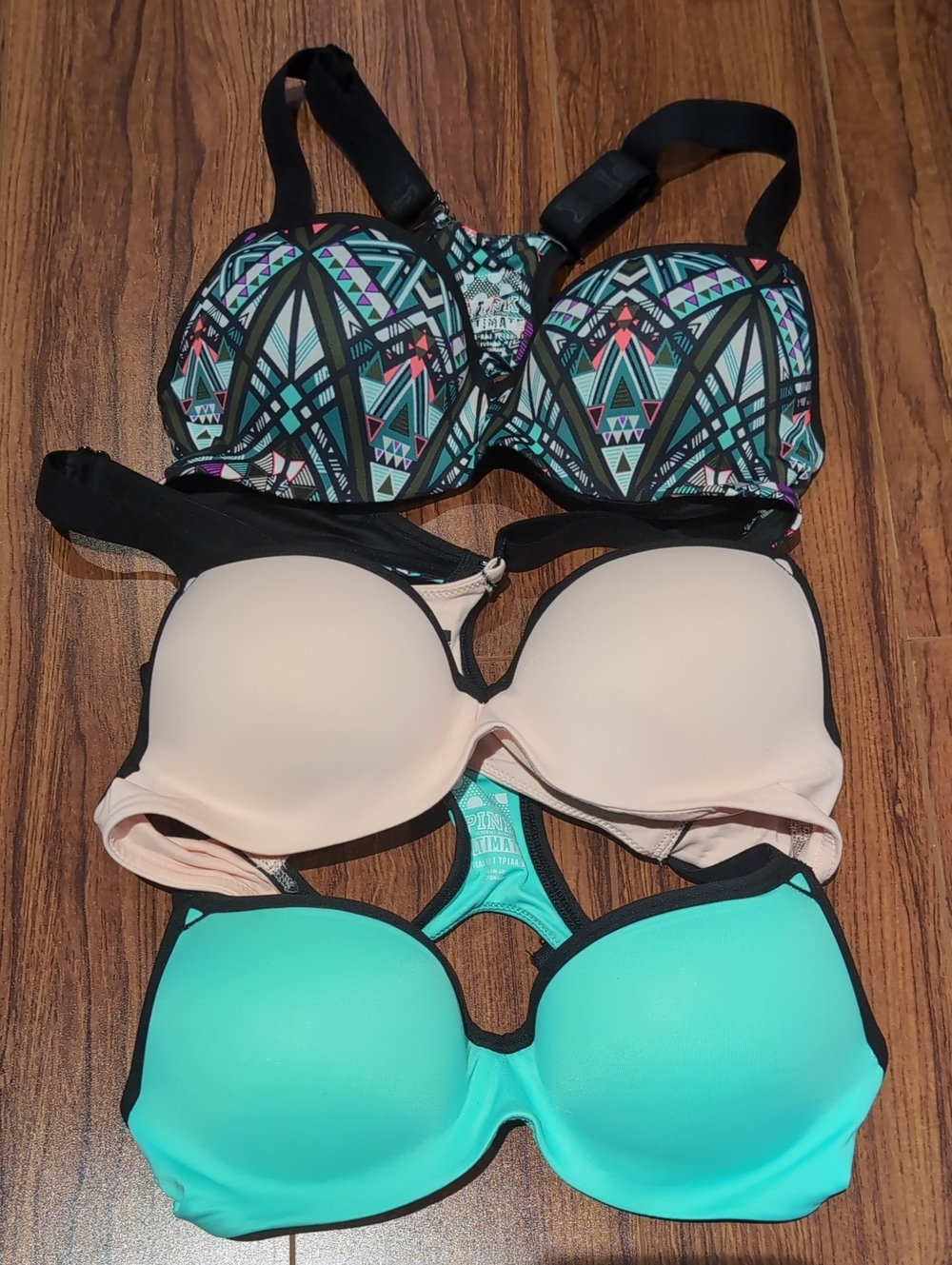 PINK Victoria's Secret Three-Pack Bras — Teal, Pink & Geometric